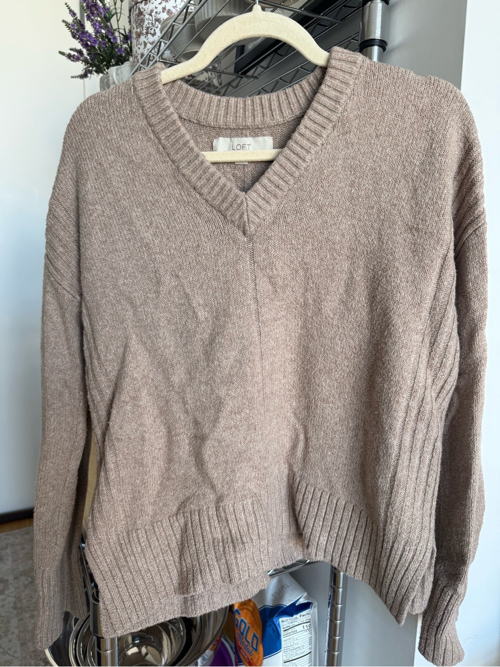 LOFT Oatmeal V-Neck Knit Sweater